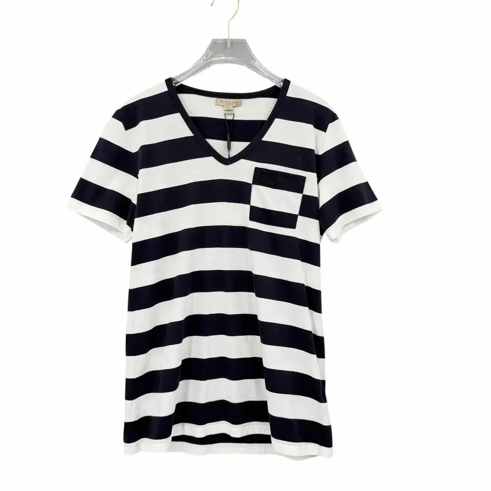 Burberry Brit NWT Navy & White Cotton Striped Pocket V-neck Casual Tee Shirt - Picture 6 of 11